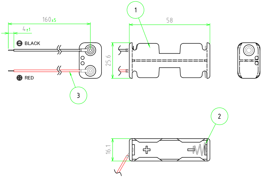 Batteriehalter mit Kabel  für 2x AA  (Vor-/Rückseite)