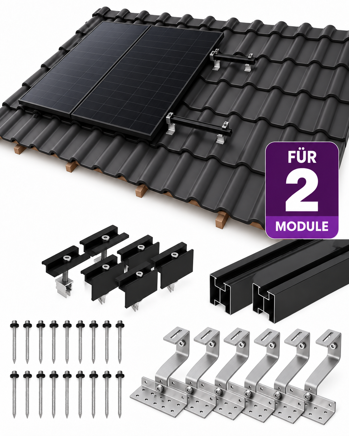 Montageset für 2 Solarmodule auf Ziegeldächern – mit schwarzen Modulklemmen