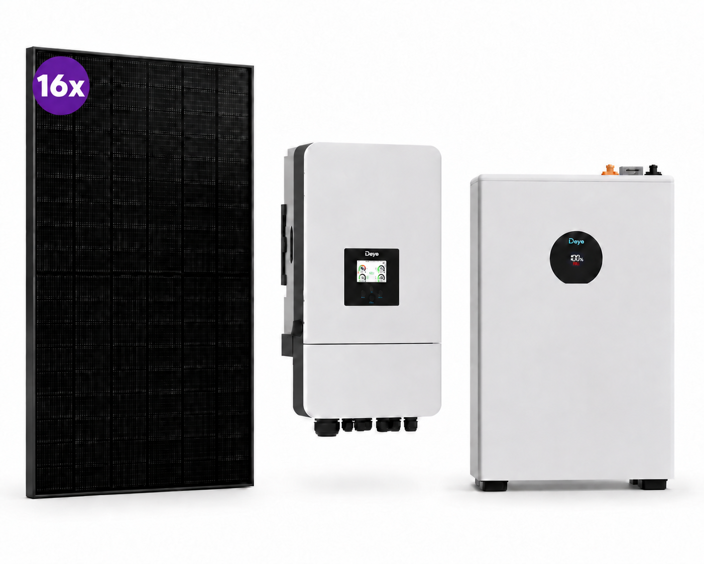 Niedervolt PV-Set bestehend aus: Deye SUN-6kW 3Phasen Hybrid-Wechselrichter, 2x Deye SE-F5C Pro sowie 16x 460W JA Solar Full-Black Glas-Glas Modul