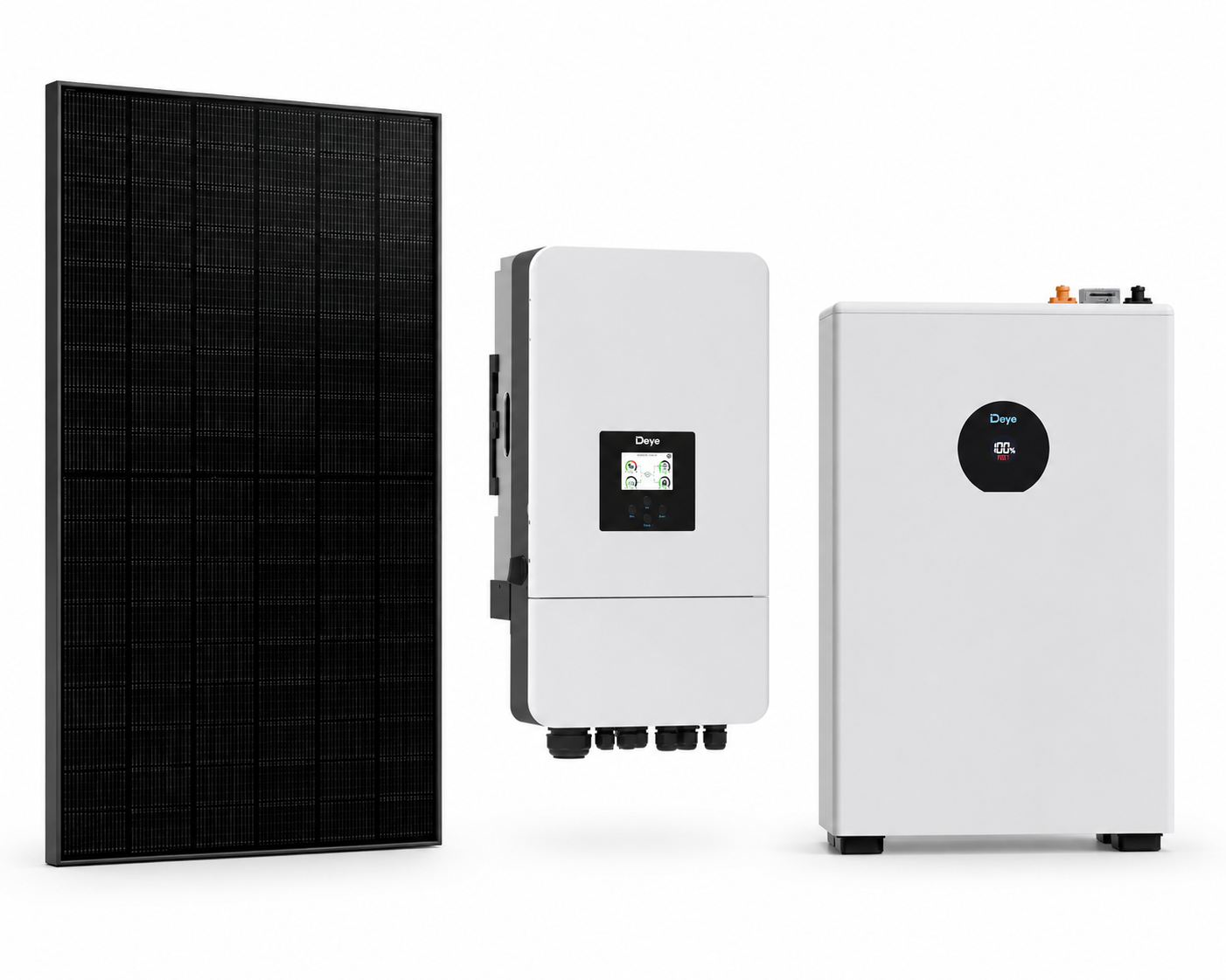 Niedervolt PV-Set bestehend aus: Deye SUN-6kW 3Phasen Hybrid-Wechselrichter, 2x Deye SE-F5C Pro sowie 16x 460W JA Solar Full-Black Glas-Glas Modul