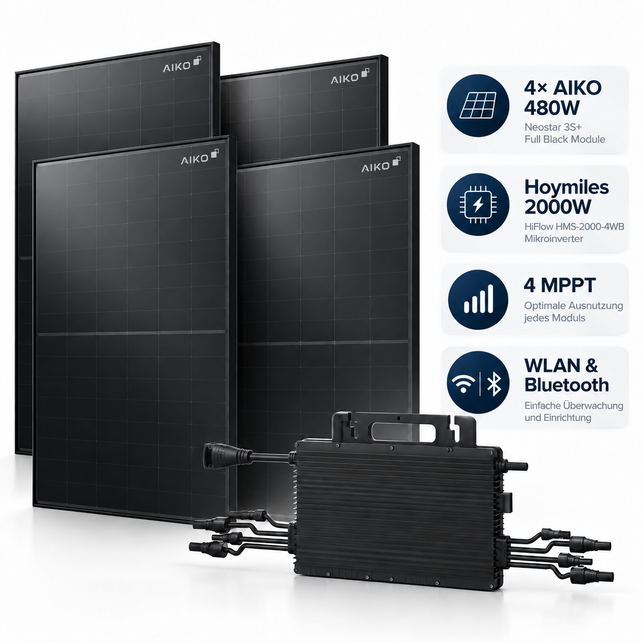 Complete PV kit 2000W / 1920Wp with 4x AIKO Neostar 3S+ 480W Full Black & Hoymiles HiFlow 2000 Pro