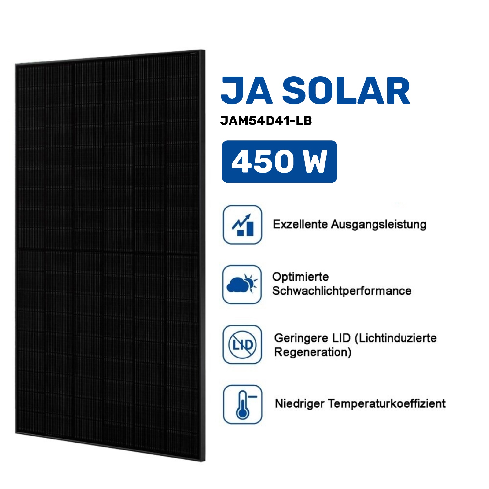 JA Solar JAM54D41-LB – 450W Bifazial Glas-Glas Full Black (N-Type)