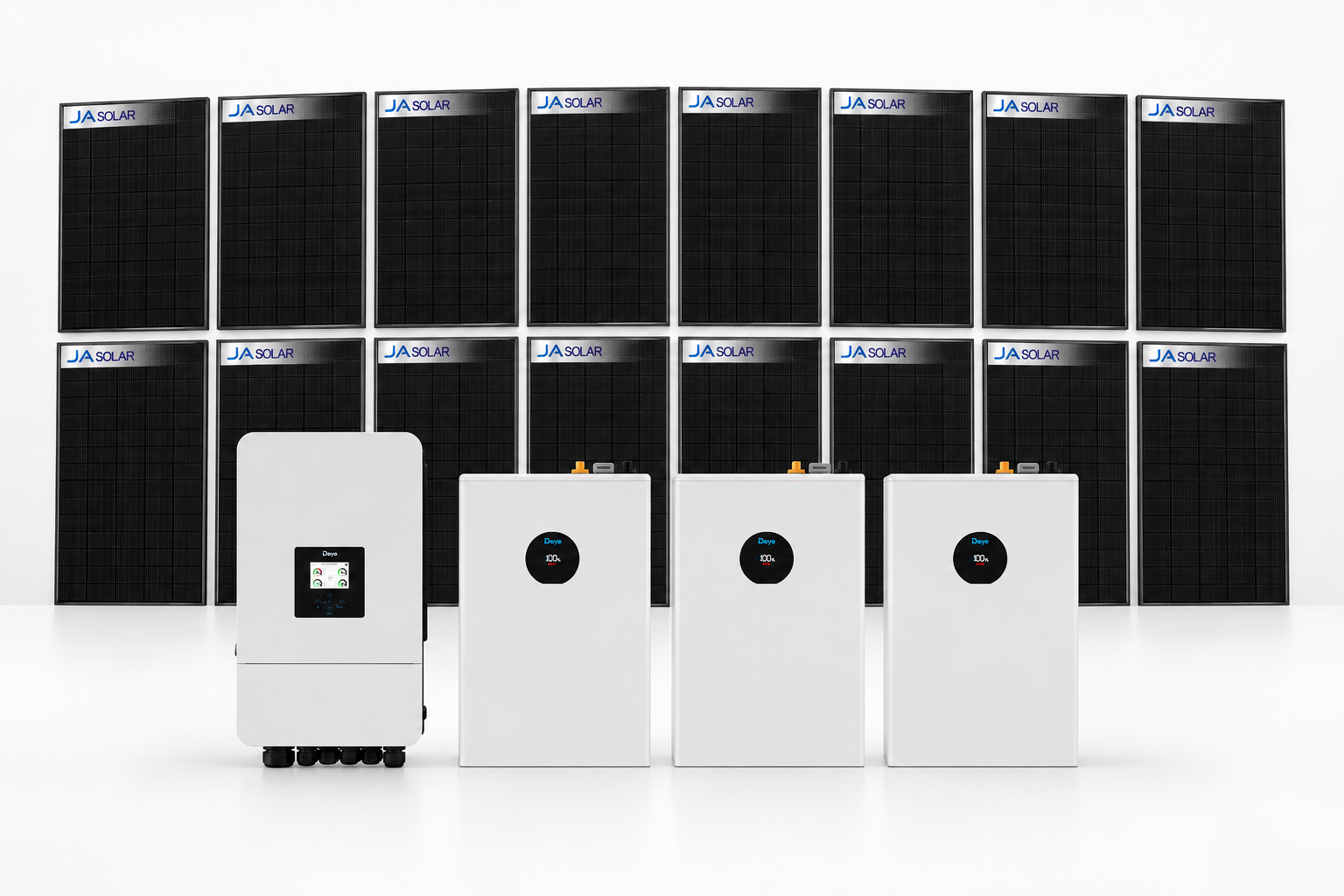 Niedervolt PV-Set bestehend aus: Deye SUN-8kW 3Phasen Hybrid-Wechselrichter mit 10,24 kWh Speicher - 2x Deye SE-F5C Pro Niedervolt-Speicher sowie 16x
