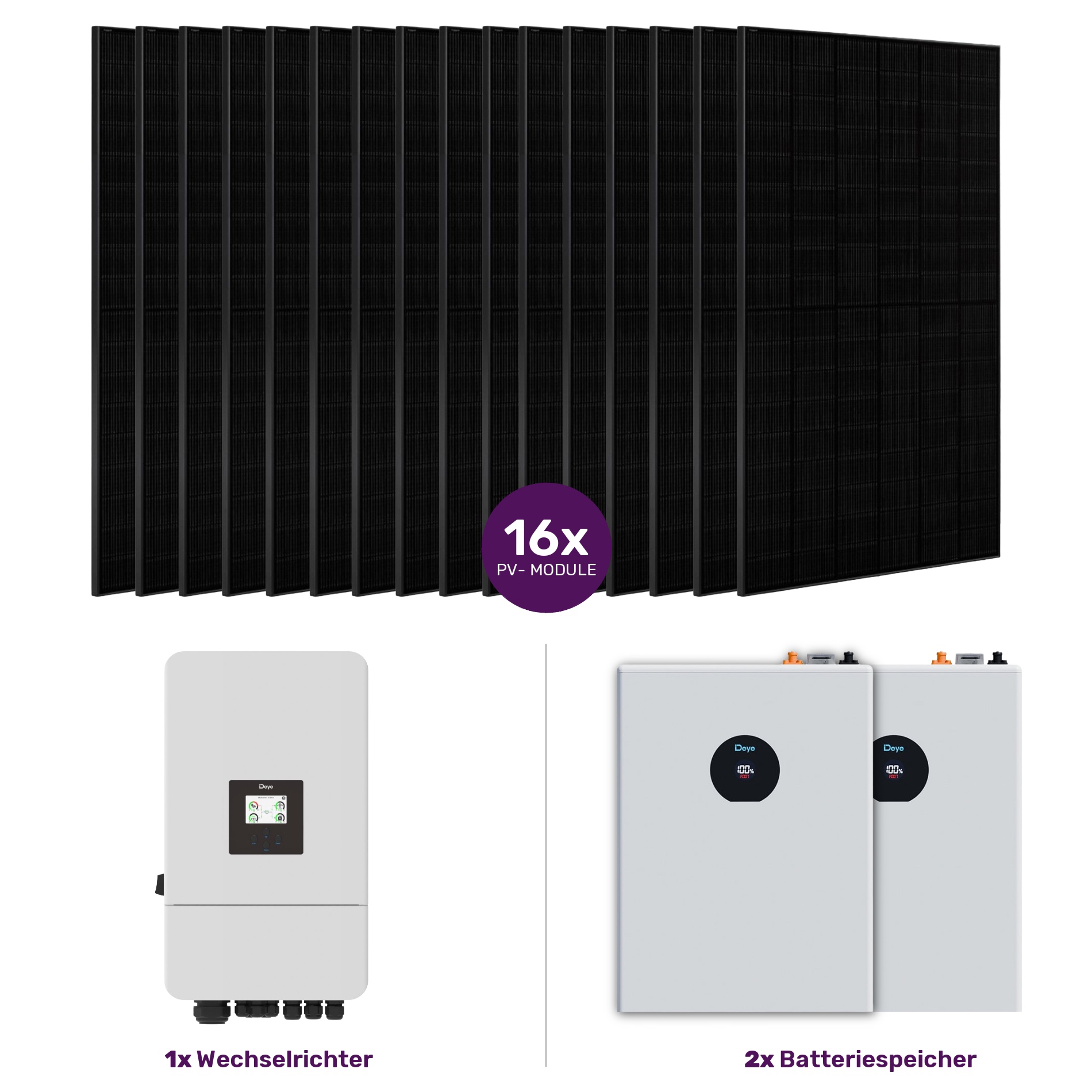 Niedervolt PV-Set bestehend aus: Deye SUN-6kW 3Phasen Hybrid-Wechselrichter, 2x Deye SE-F5C Pro sowie 16x 460W JA Solar Full-Black Glas-Glas Modul