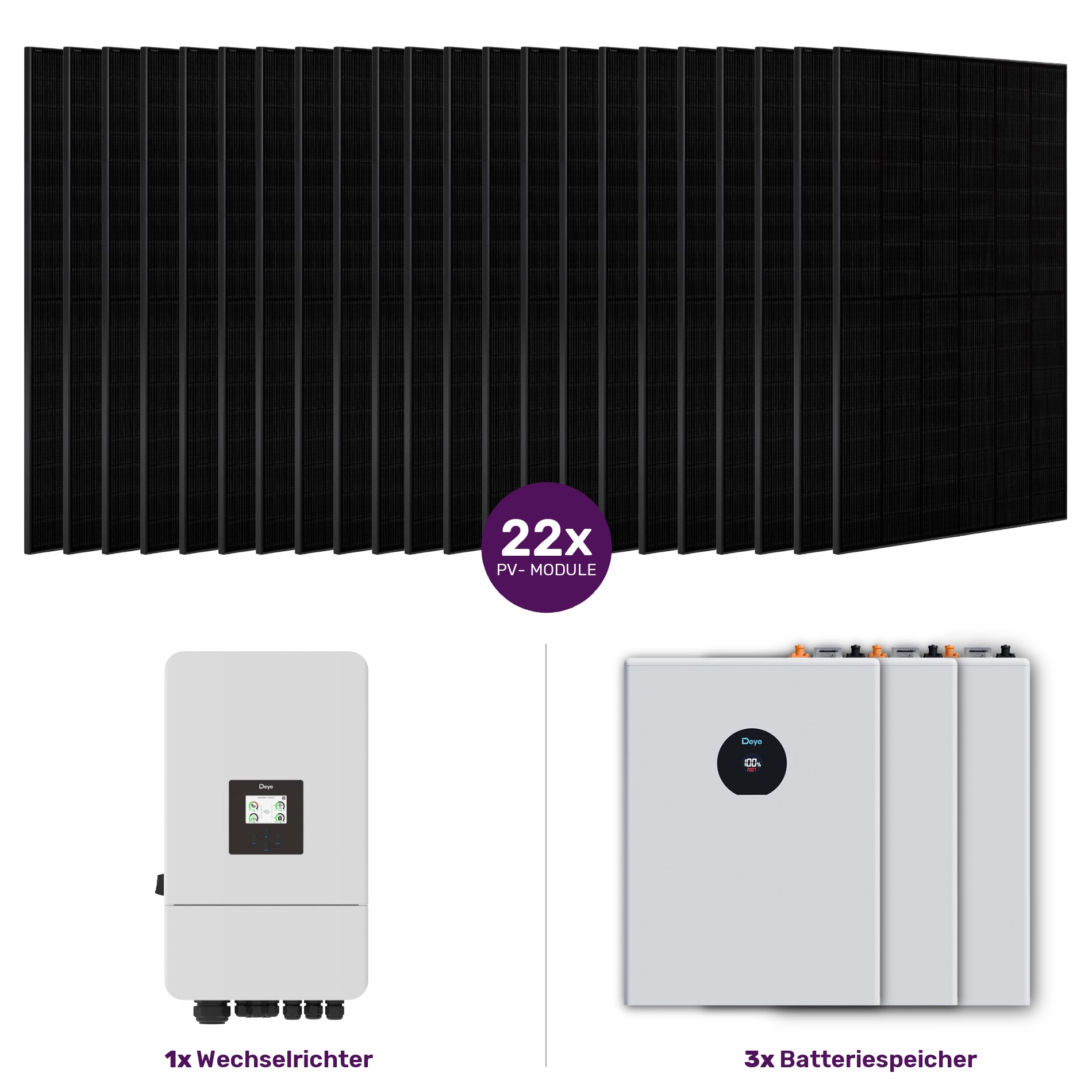 Niedervolt PV-Set bestehend aus: Deye SUN-8kW 3Phasen Hybrid-Wechselrichter, 3x Deye SE-F5C Pro sowie 22x 460W JA Solar Full-Black Glas-Glas Modul