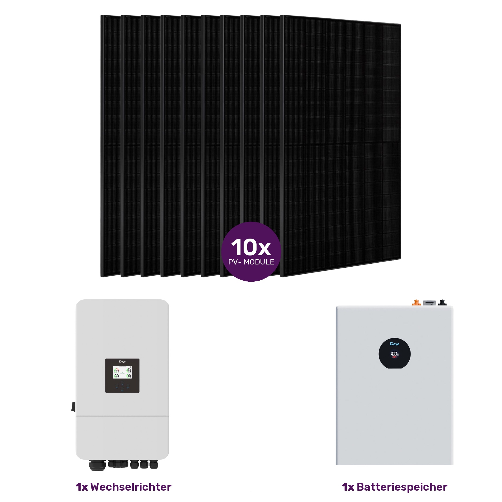 Niedervolt PV-Set bestehend aus: Deye SUN-3.6kW 1Phasen Hybrid-Wechselrichter, 1x Deye SE-F5C Pro sowie 10x 460W JA Solar Full-Black Glas-Glas Modul