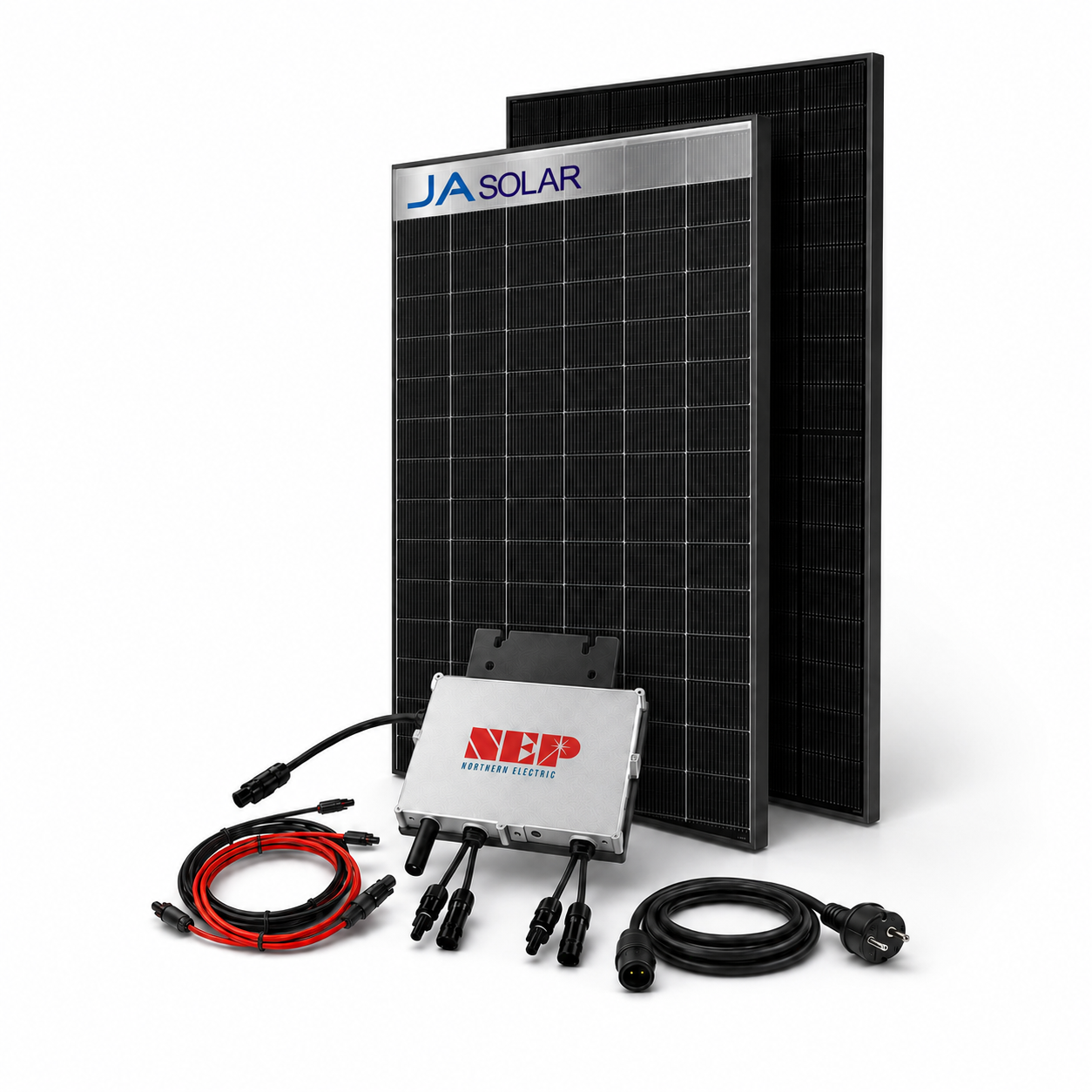 Balkonkraftwerk 800W / 920W Solarleistung mit 2x JA Solarmodulen Full Black Glas Glas 460W und einem NEP BDM800 Wechselrichter