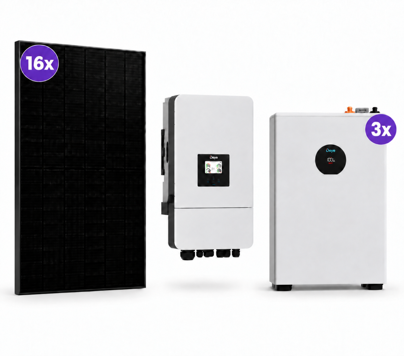 Niedervolt PV-Set bestehend aus: Deye SUN-8kW 3Phasen Hybrid-Wechselrichter mit 10,24 kWh Speicher - 2x Deye SE-F5C Pro Niedervolt-Speicher sowie 16x